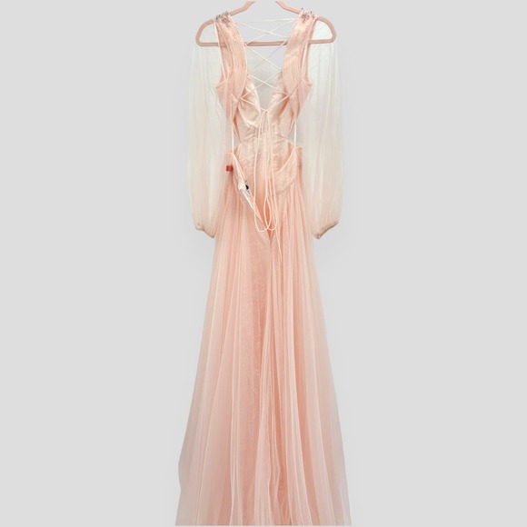 Mac Duggal NEW Tulle Sheer Long Sleeve Cut Out Lace Up A-line Gown Blush Size 6 - Picture 13 of 16